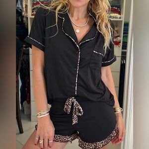 Elegant Black Pajama Set with Leopard Accents